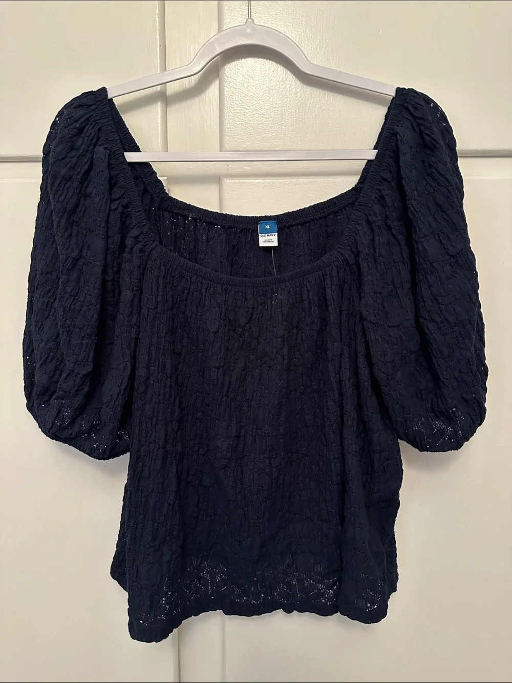 NWT Old Navy Women's Puff Sleeve Scoop Neck Top Navy Blue Lace